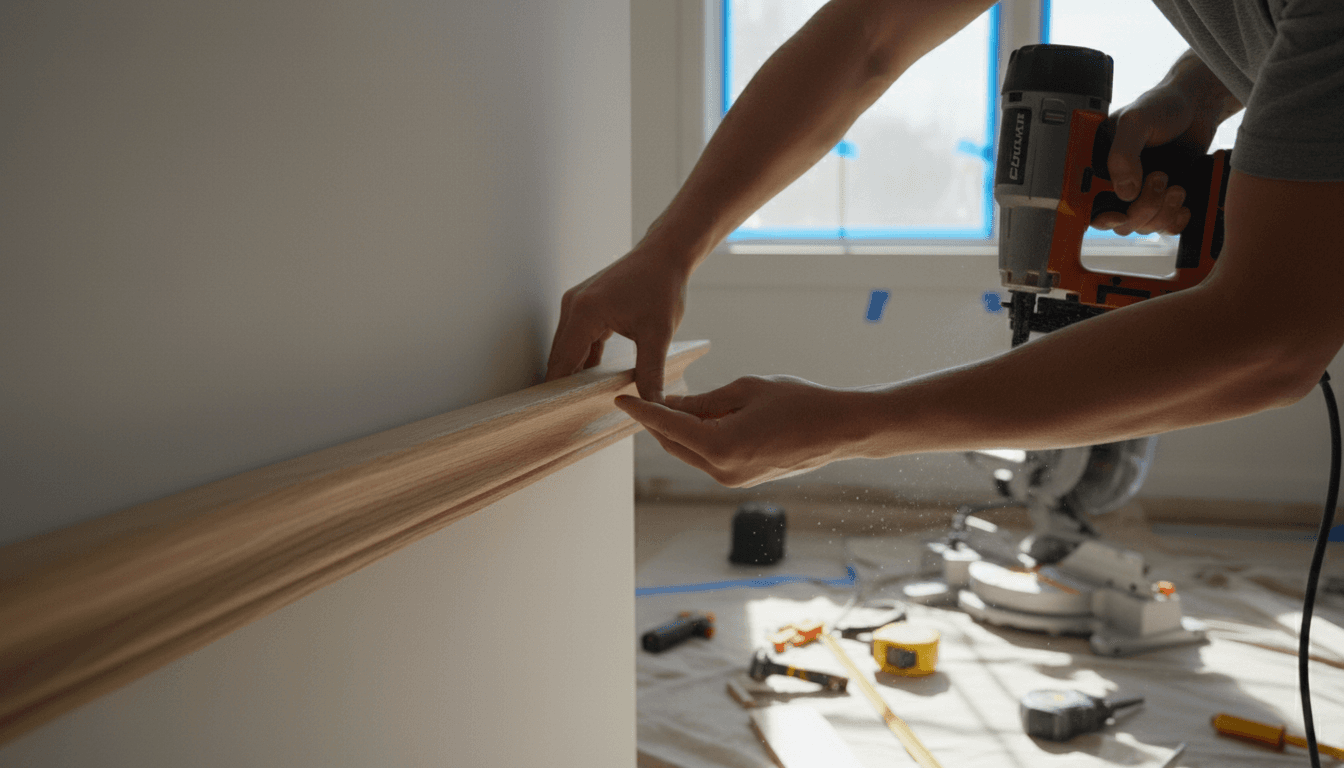 Mano instalando molduras de madera con detalle en una remodelación de vivienda