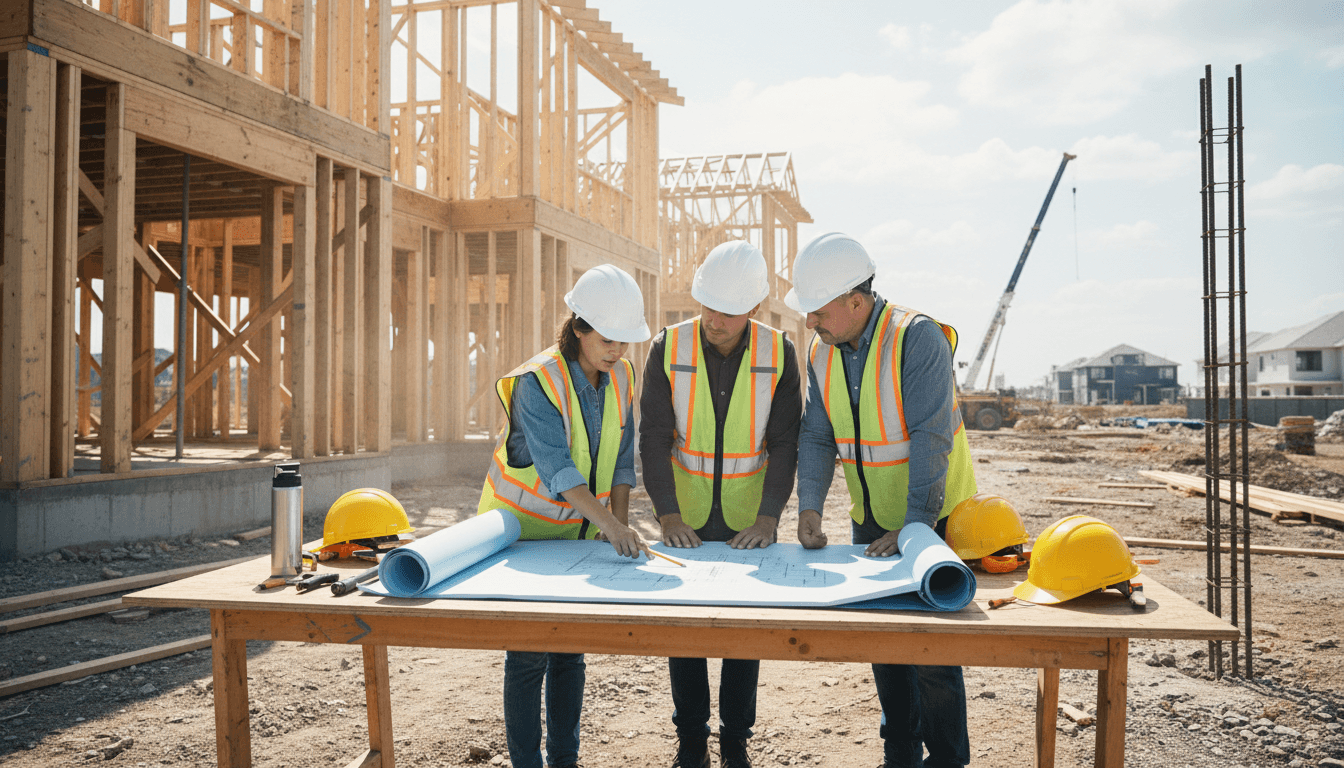 Trabajador de construcción revisando planos en una obra en Osorno