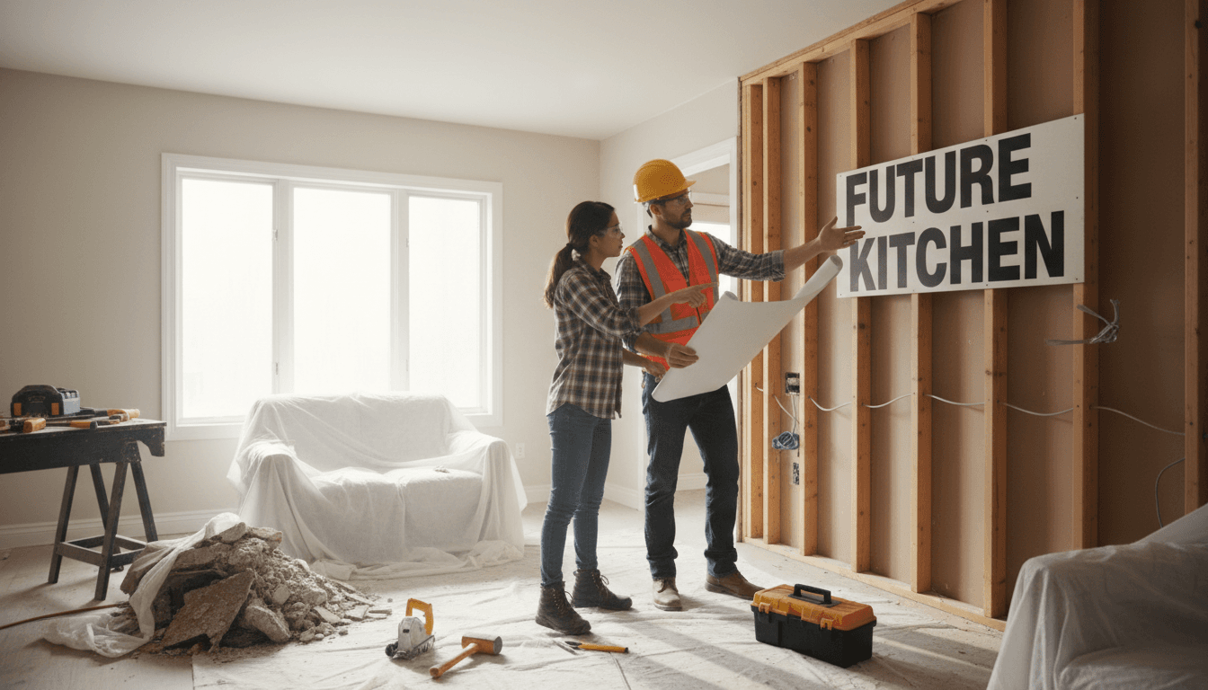 Maestro de obras conversando con el dueño de casa durante una remodelación