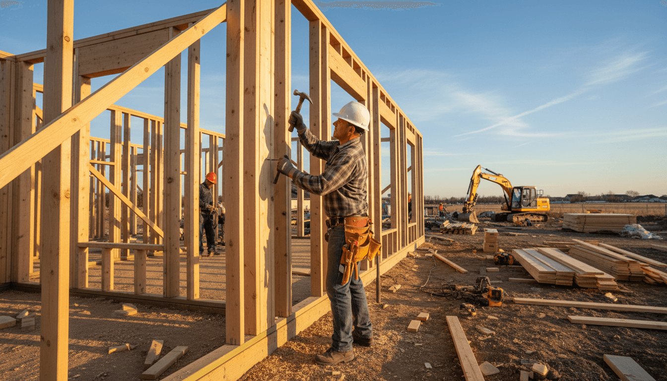 carpenter hammering wooden frame on new house construction site