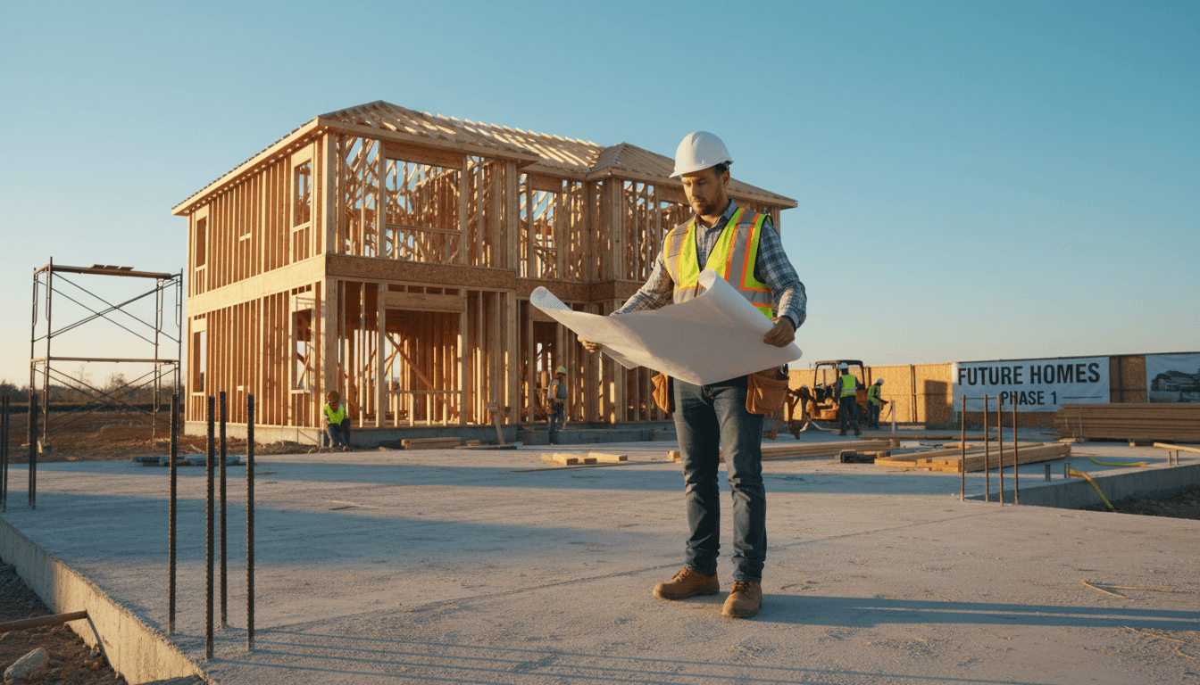 Maestro de obras revisando planos en una obra de construcción residencial