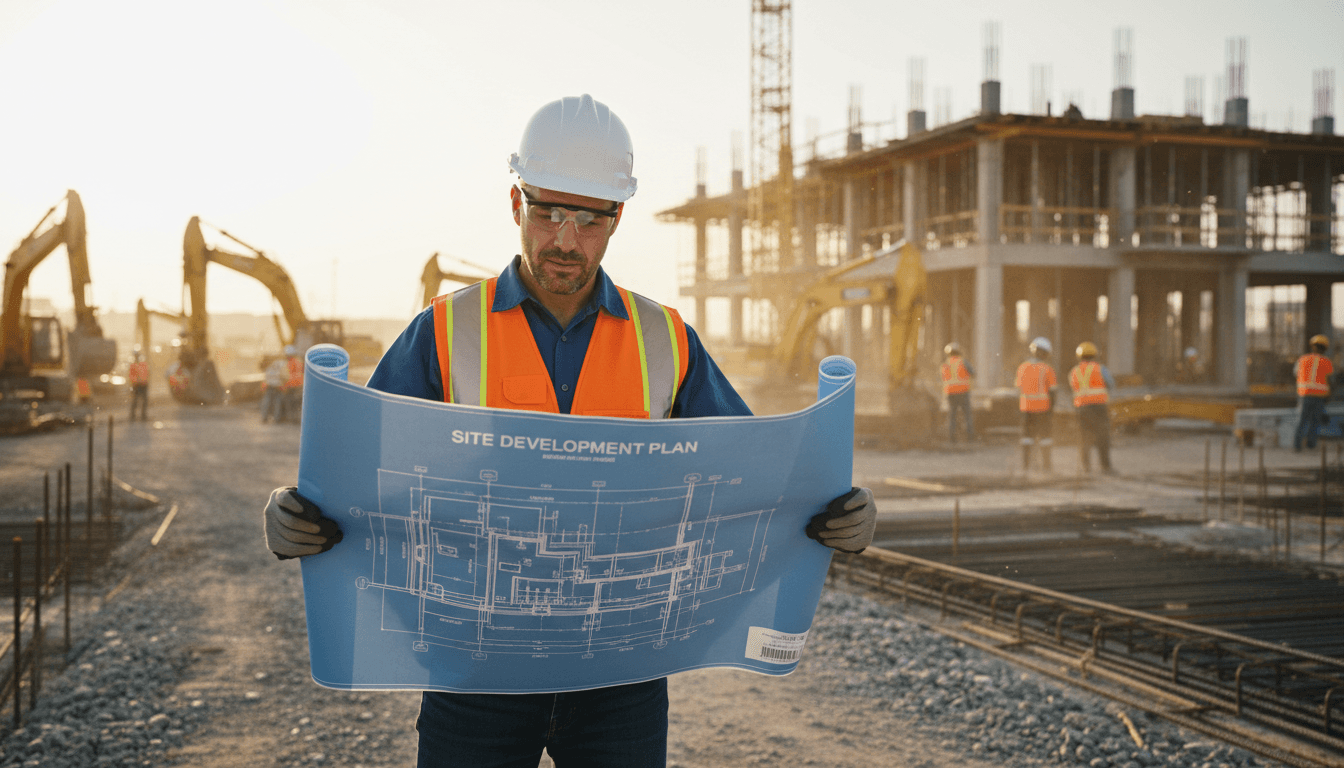 Trabajador de construcción revisando planos en obra