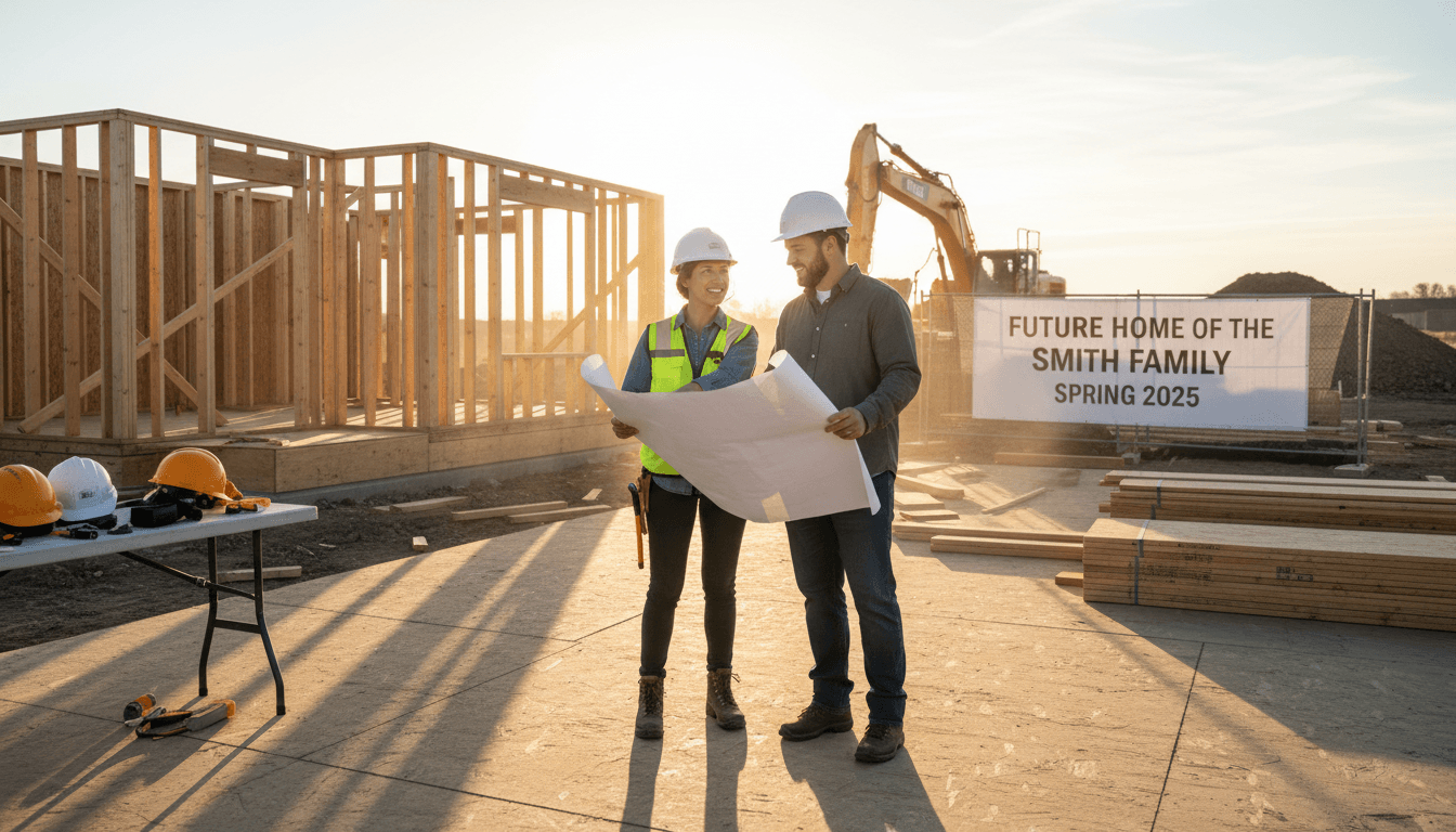 contractor showing homeowner progress on construction site discussing plans
