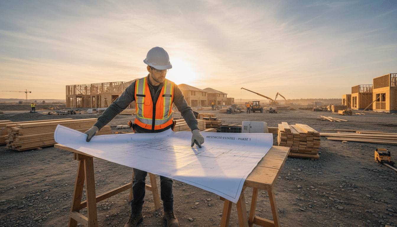 Maestro de obras revisando planos en un sitio de construcción residencial