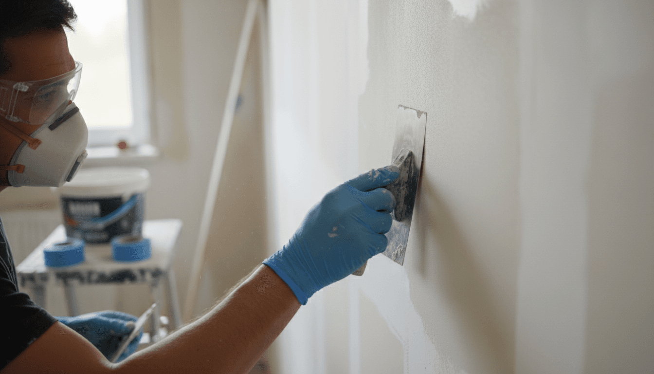Primer plano de un trabajador realizando terminaciones finas en un muro interior