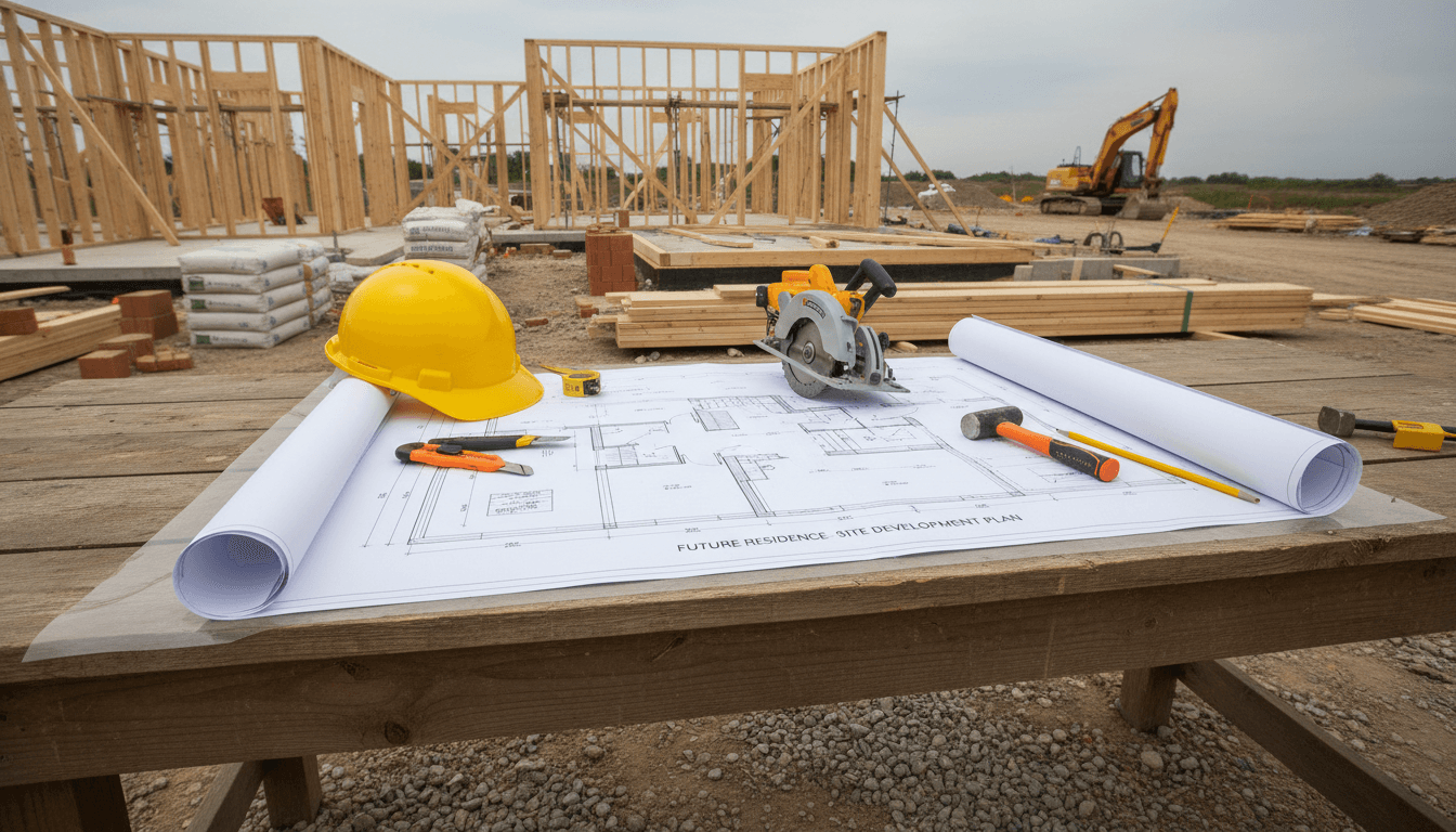 blueprint house plans on table construction site with tools