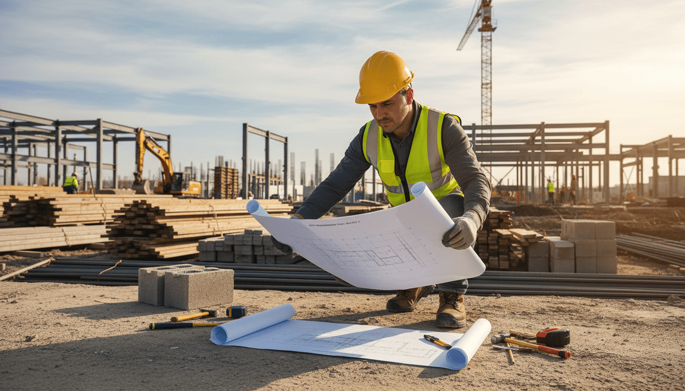 Maestro de obras revisando planos en una obra de construcción