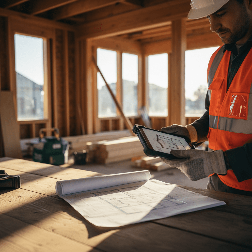 Profesional de la construcción revisando planos en una obra