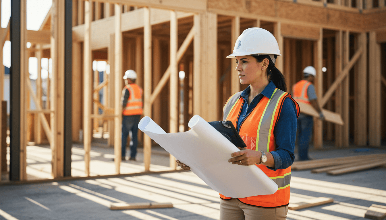 Maestro de obras revisando un plano en un proyecto de construcción residencial