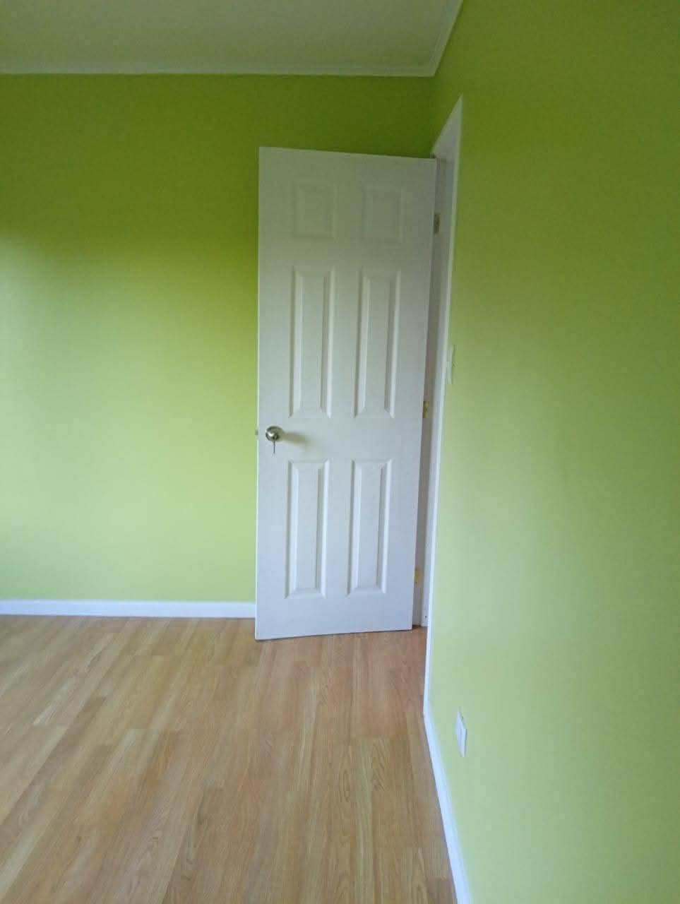 Habitación vacía con paredes verde lima, suelo de madera clara y una puerta blanca entreabierta.