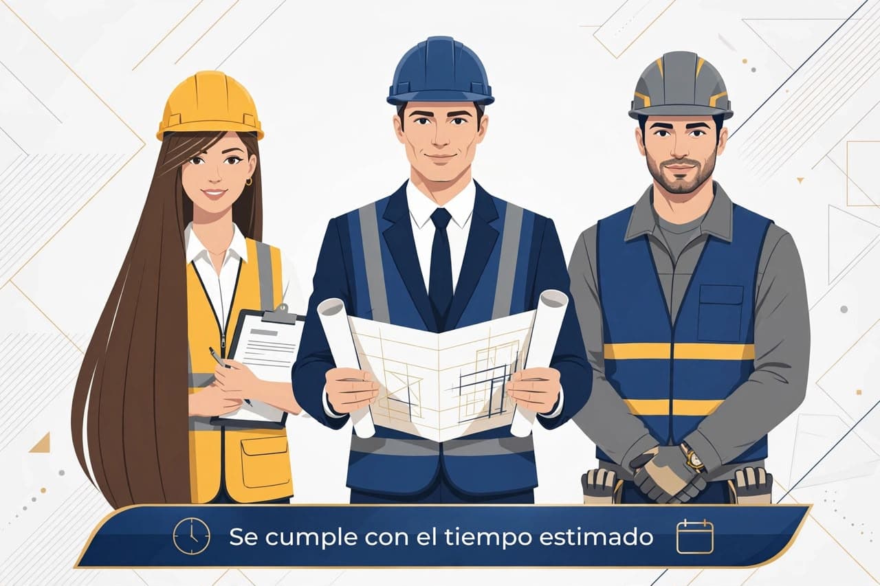 Profesionales de la construcción con cascos y planos bajo el lema se cumple tiempo estimado.