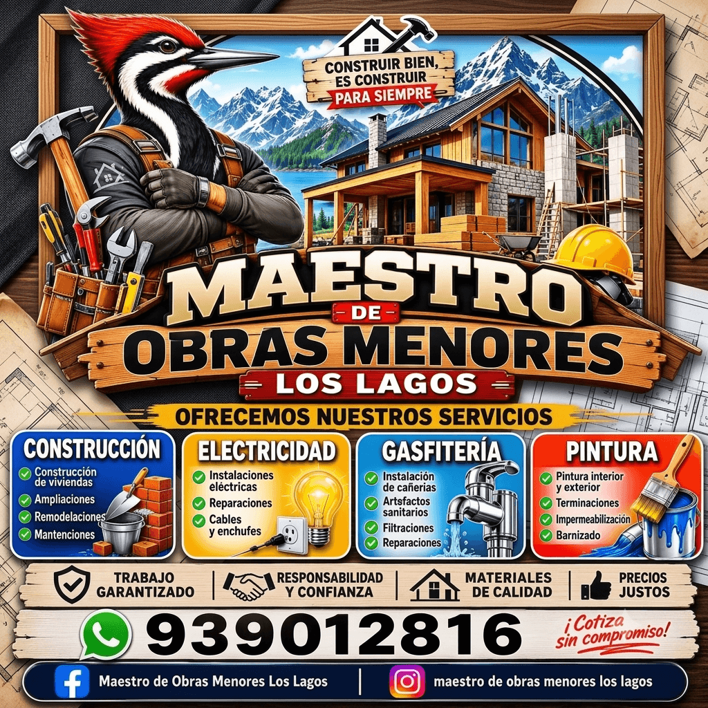 Anuncio de construcción con pájaro carpintero obrero, casa de madera, montañas y varios servicios técnicos.