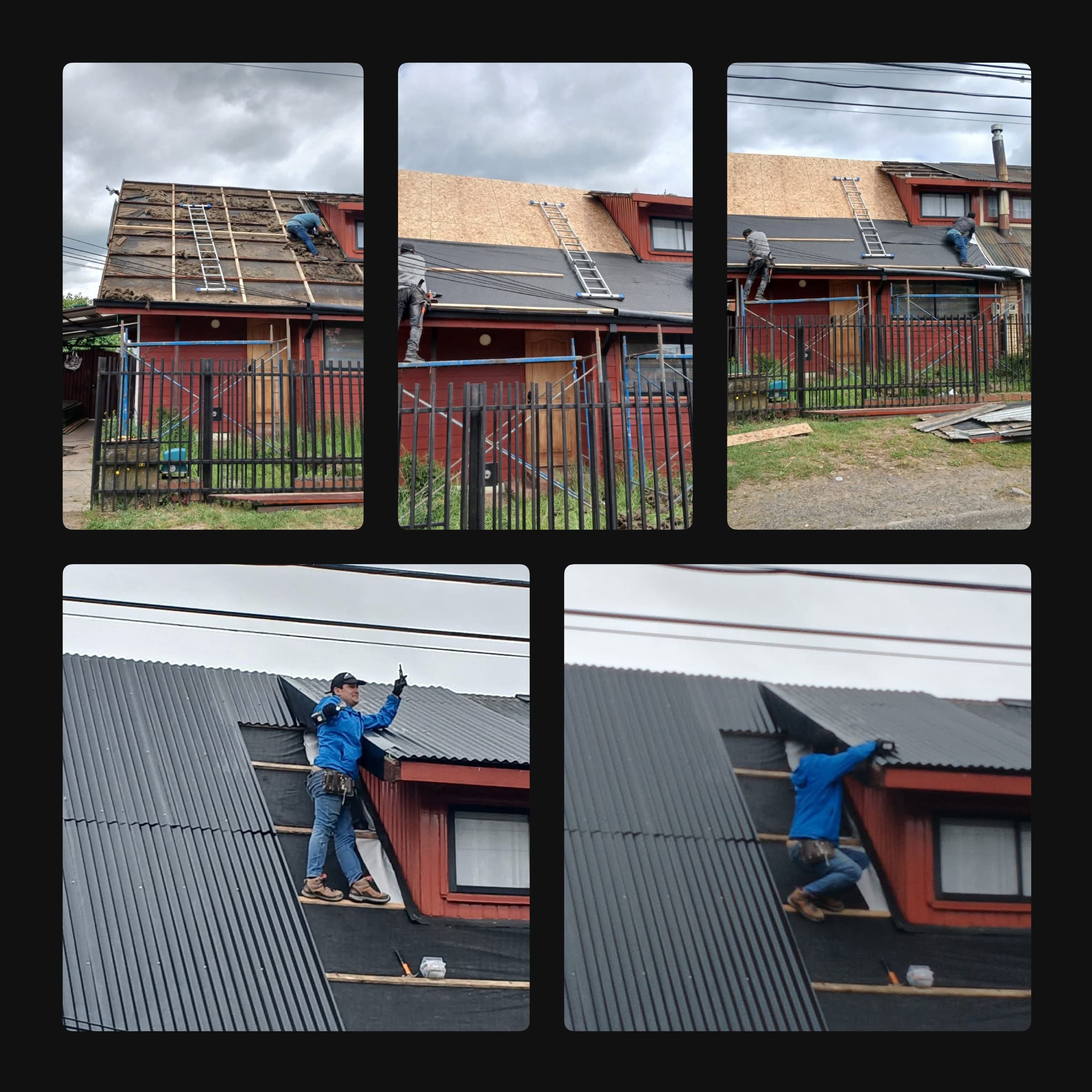 Trabajadores instalando madera, aislamiento y planchas metálicas en el techo de una casa roja.
