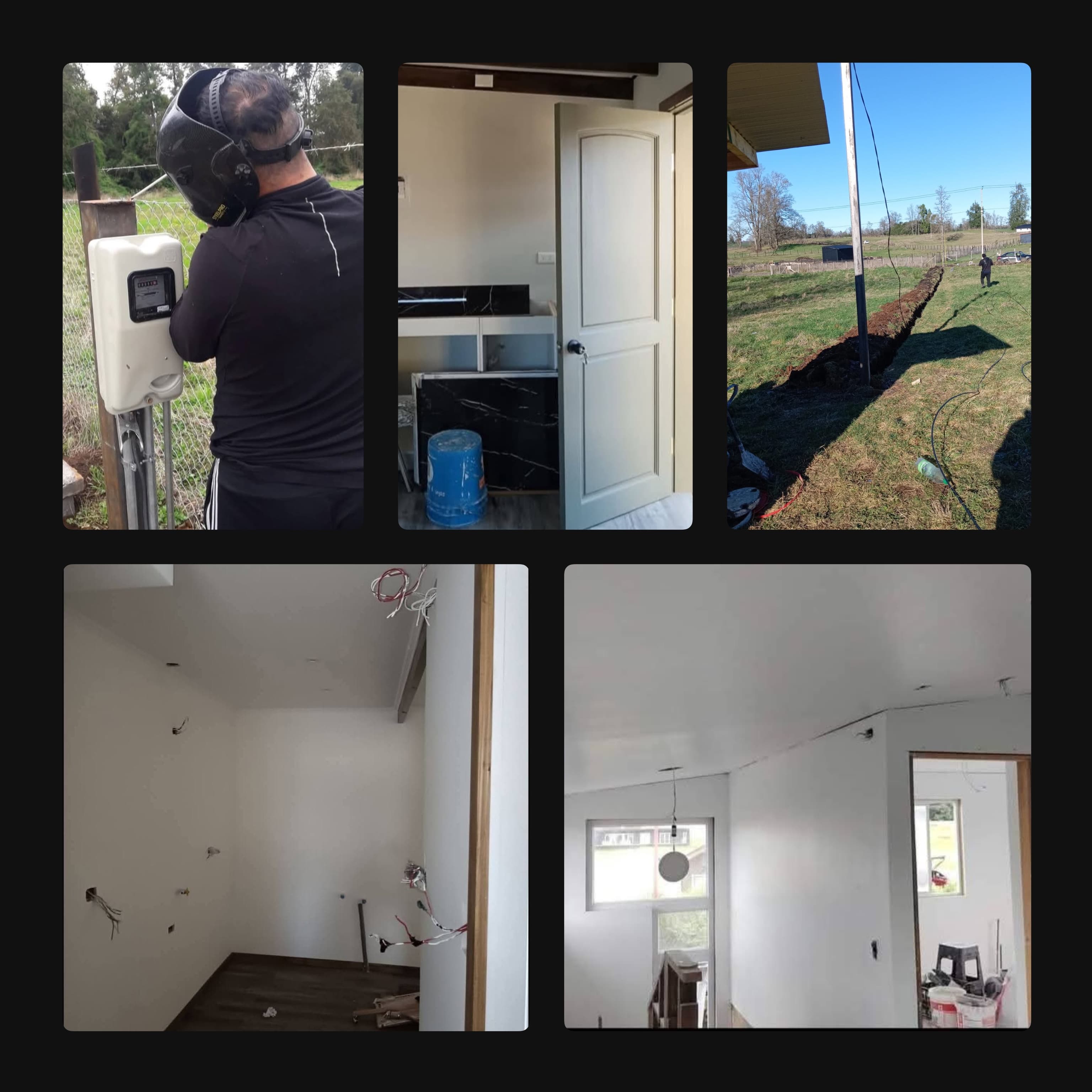 Collage de construcción mostrando soldadura, excavación exterior e interiores con instalaciones eléctricas y acabados.